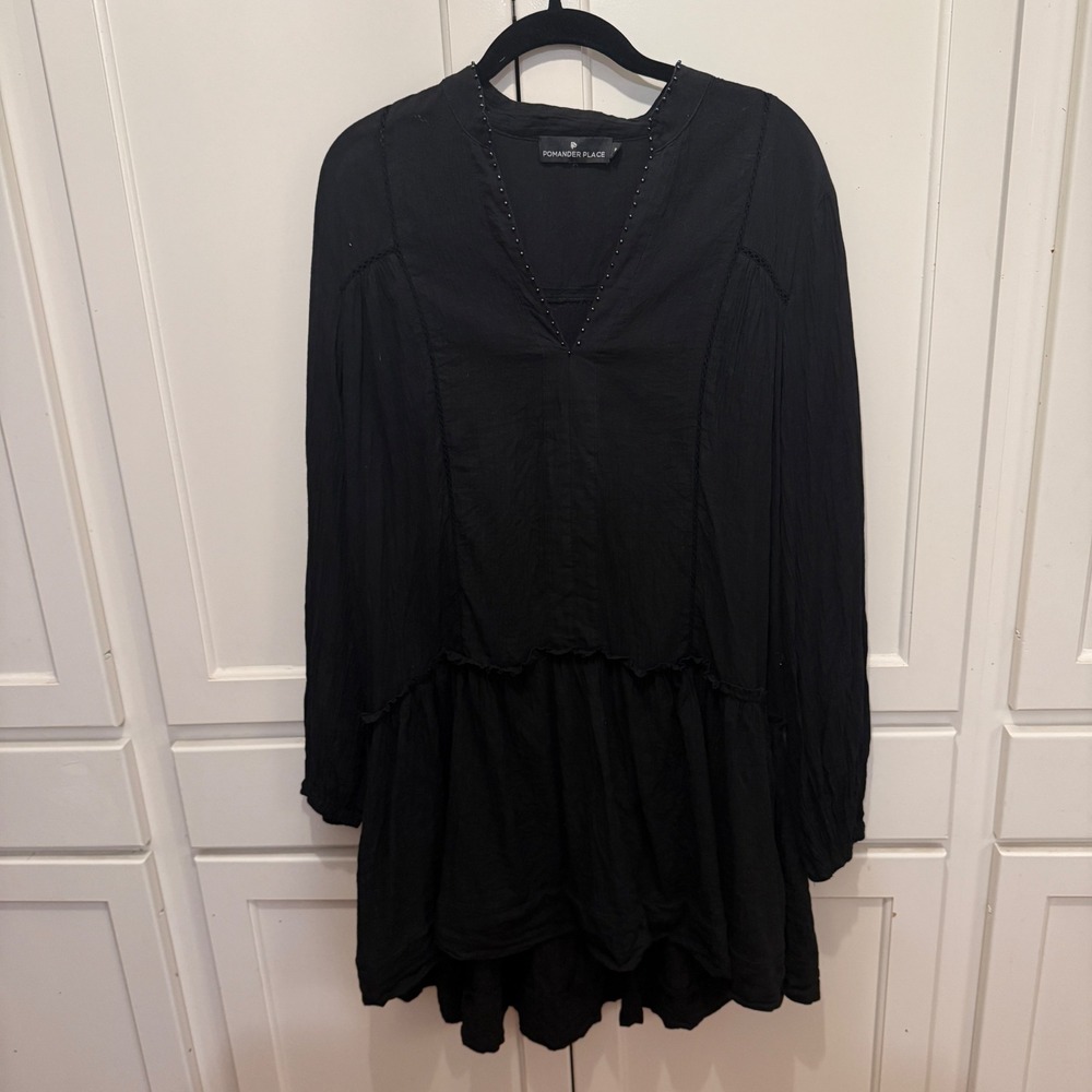 Pomander Place Black Cotton Gauze Tiered Mini Dress V-Neck Studded Y20649T M - Picture 3 of 7